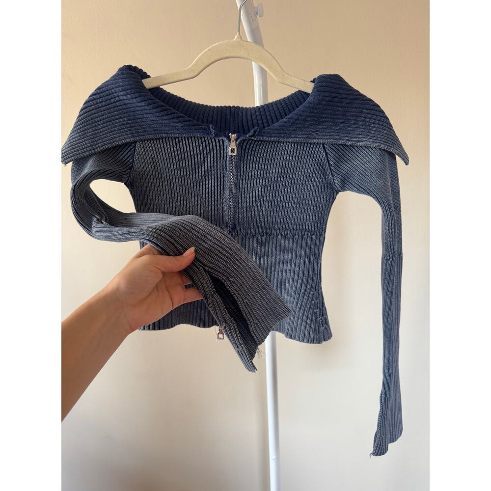 Double Zipper Crop Knit Sweater Wide Collar Off Shoulder- XS Y2K Model Off Duty - Picture 6 of 8